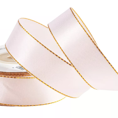 Panglica Satin single Alba cu bordura aurie 25mm x20m
