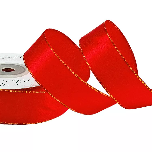 Panglica Satin single Rosie cu bordura aurie 25mm x20m Panglica Satin single Rosie cu bordura aurie 25mm x20m