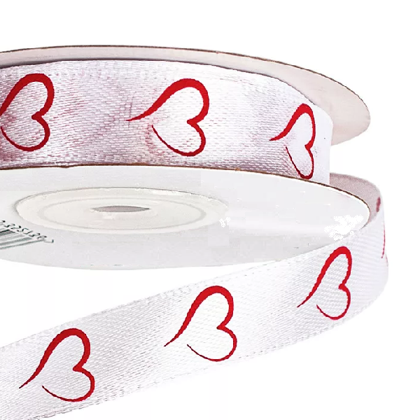 Panglica satin Alb inimi rosii 16mm x 20m Panglica satin Alb inimi rosii 16mm x 20m
